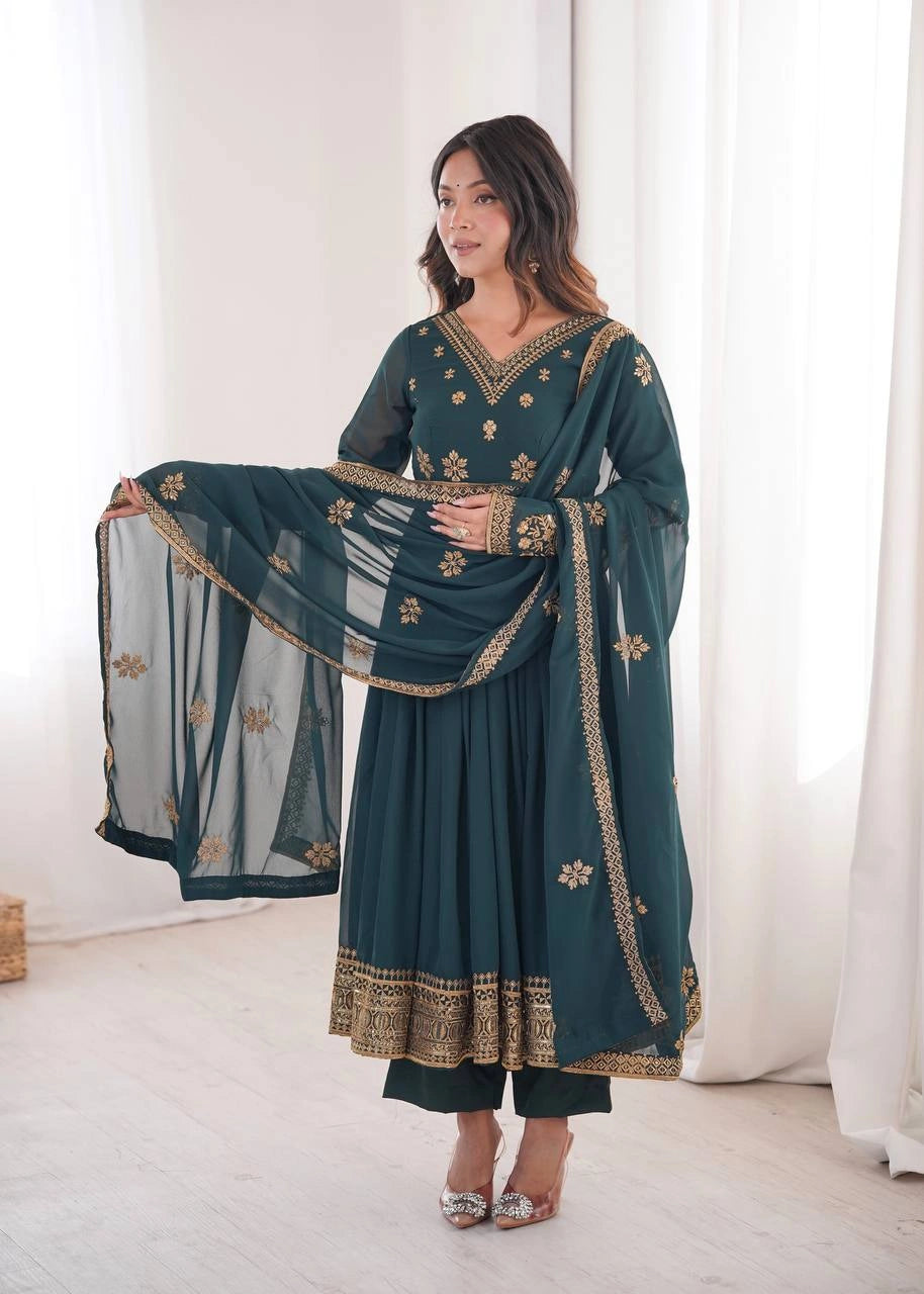Peacock Green Sequins Embroidered Suit – Anarkali Pant Set with Dupatta Kalyanja